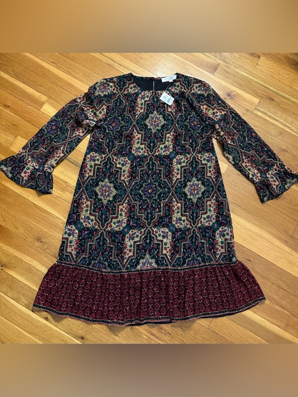 LOFT Multicolor Floral Geometric Shift‎ Dress with Burgundy Hem